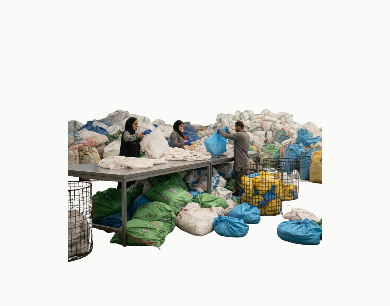 Workers segregating waste by colour and type